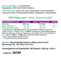 Acerola Kirsche 100% NATÜRLICHES VITAMIN C 180 Pulver Kapseln - NATUR pur!