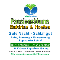 Passionsblume, Baldrian & Hopfen, Gute Nacht, 120 Pulver Kapseln