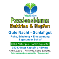Passionsblume, Baldrian & Hopfen, Gute Nacht, 180 Pulver Kapseln