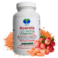 ACEROLA natürliches Vitamin C rein natürlich 720 (4x180) Kapseln - NATÜRLICHER Langzeiteffekt. Hohe Bioverfügbarkeit. NICHT aus EXTRAKT. NATUR pur. OHNE Zusatzstoffe. 3 + 1 Dose GRATIS Angebot.