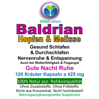 BALDRIAN + HOPFEN + MELISSE - Schlaf gut - 120 Kapseln für GUTE NACHT - Nerven beruhigen + Entspannung & gesunder Schlaf. 100% NATUR pur [ohne ZUSATZSTOFFE]