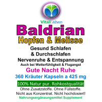 SCHLAF GUT 360 Gute NACHT Kapseln 100% NATUR pur - BALDRIAN + HOPFEN + MELISSE - Nerven beruhigen - entspannen - gesund schlafen [ohne ZUSATZSTOFFE]