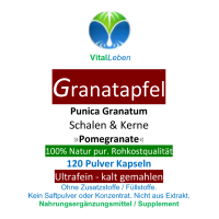 GRANATAPFEL 120 Kapseln Saft & Kerne 40% MEGA ANTIOXIDANTIEN, Ellagsäure, Polyphenole uvm. Natürliches MULTI-Vitamin-Mineral SUPERFOOD. KEIN EXTRAKT. KEIN SAFTPULVER. Nicht künstlich hochdosiert. 100% Natur pur. OHNE ZUSATZSTOFFE.