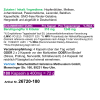 Beruhigung Pur Pflanzliches Beruhigungsmittel 180 Kapseln 6 Kräuter Beruhigungskapseln Hopfen, Melisse, Johanniskraut, Passionsblume, Lavendel, Baldrian - OHNE Zusatzstoffe!