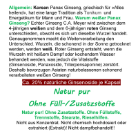KOREA weißer PANAX GINSENG C.A. Meyer 180 Pulver Kapseln. OHNE ZUSATZSTOFFE 100 % Natur pur ca. 20 % Ginsenoside. Traditionell geschätzt für Vitalität, Fokus & Ausdauer.