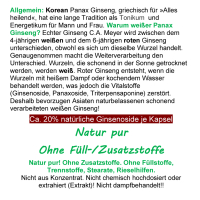 KOREA weißer PANAX GINSENG C.A. Meyer 360 Pulver Kapseln. OHNE ZUSATZSTOFFE 100 % Natur pur ca. 20 % Ginsenoside. Traditionell geschätzt für Vitalität, Fokus & Ausdauer.