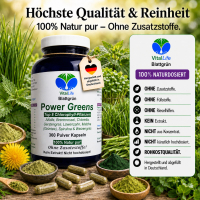 Green Power Greens 8x Chlorophyll Supergreens 360 Pulver Kapseln Alfalfa Brennnessel Chlorella Gerstengras Löwenzahn Matcha Spirulina Weizengras. Natur pur. Ohne Zusatzstoffe.