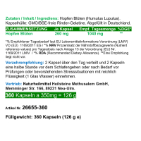 HOPFEN Hopfenblüten 360 Kapseln Wechseljahre, innere Ruhe, Entspannung 100% Natur pur. OHNE ZUSATZSTOFFE.