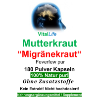 MUTTERKRAUT 720 Kapseln Migränekraut nach HILDEGARD VON BINGEN bei Kopfgewitter 100% NATUR pur. OHNE ZUSATZSTOFFE. ►3+1 GRATIS Angebot.