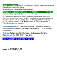 Echtes HERZGESPANNKRAUT 120 Kapseln Herzgespann [Herz & Kreislauf] HerzGesundKraut nach Hildegard von Bingen (Motherwort Leonurus Cardiaca) 100% NATUR PUR! Ohne ZUSATZSTOFFE.