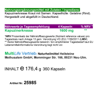 Kapuzinerkresse 360 Kapseln Senföle für Immunsystems & Abwehrkräfte - 100% Natur pur. OHNE Zusatzstoffe.