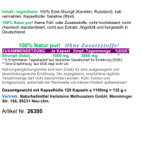 Edelschungit 120 Kapseln Premium Qualität aus Karelien. Naturreines Schungit Pulver für Balance, Vitalität & Wohlbefinden. Geschmacksneutral, praktisch dosierbar, leicht einzunehmen. 100% Natur pur.