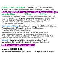 LAVENDEL pur [STRESS & NERVEN-KRAUT] 360 Blüten Pulver Kapseln nach Hildegard von Bingen für Beruhigung + Entspannung & schöner Schlaf + GUTE NACHT [ohne ZUSATZSTOFFE].