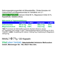 Calcium Calciumcitrat + Magnesium Citrat 2:1 Komplex 120 Kapseln organisch. Hohe Bioverfügbarkeit, Nicht hochdosiert, OHNE Zusatzstoffe.