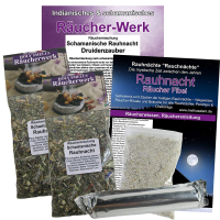Schamanische Rauhnacht 7-tlg Set Räuchermischung, Räucherwerk zum räuchern mit Rauhnachtfibel & Räucherzubehör.