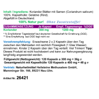Koriander Cilantro Blätter & Samen 120 Pulver Kapseln Natur Pur KEIN Extrakt OHNE Zusatzstoffe.