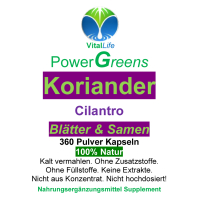 Koriander Cilantro Blätter & Samen 360 Pulver Kapseln Natur Pur KEIN Extrakt OHNE Zusatzstoffe.