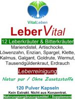 Leber Vital Komplex 120 Leberkapseln 12 Kräuter plus Bitterstoffen mit Mariendistel, Artischocke, Löwenzahn, Enzian, Spargel, Klette, Erdrauch, Kalmus, Galgant, Goldrute, Wermut und Tausendgüldenkraut. 100% NATUR pur. OHNE Zusatzstoffe.