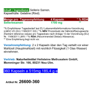 Selleriesamen Celery Seed 360 Pulver Kapseln reine Sellerie Samen nach Hildegard von Bingen. 100% NATUR pur. OHNE ZUSAZSTOFFE. OHNE FÜLLSTOFFE.