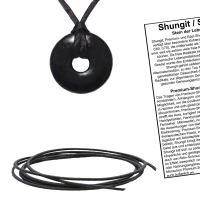 Schungit Stein Edelstein Anhänger DONUT 3cm echter Schmuck aus KARELIEN - ELEGANZ, STIL, ENERGIE & SCHUTZ ►3-tlg SET mit LEDERBAND + BESCHREIBUNG.