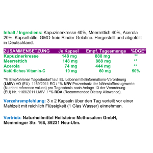 Immunstark - Kapuzinerkresse + Meerrettich + Acerola 100% NATÜRLICHES Vitamin C 720 Pulver Kapseln 3 + Bonus