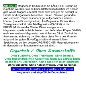 Tri-Magnesium Citrat Organisches Magnesium Pur 120 Pulver-Kapseln