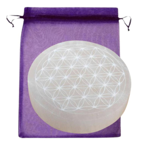 SELENIT Kristall Untersetzer Platte 2x Ladeplatte mit BLUME des LEBENS für positive Lebensenergie 9cm Ø