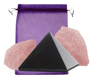 Schungit Shungite 5-tlg Strahlen-Schutz-Set Pyramide 5cm & 2 x Rosenquarz gegen EMF, Elektrosmog, negative Energie.