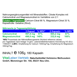 Calcium - Magnesium - Citrat 2:1, 720 Pulver Kapseln