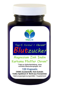 Blutzucker-FORMEL TOP-5 + CHROM* 120 KAPSELN - MAGNESIUM - ZINK - INULIN - KURKUMA - PIPERIN - NORMALWERTE UND normaler Blutzuckerspiegel.