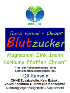 Blutzucker-FORMEL TOP-5 + CHROM* 120 KAPSELN - MAGNESIUM - ZINK - INULIN - KURKUMA - PIPERIN - NORMALWERTE UND normaler Blutzuckerspiegel.