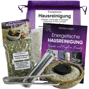 Energetische Hausreinigung Kräuter & Engel Räuchern 7 teiliges Set mit brauner Schale