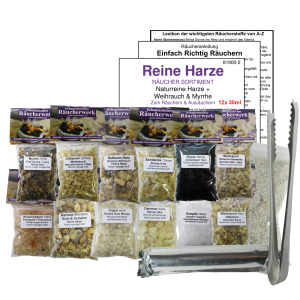 12 x Reine Harze a 30ml (360ml) 17-tlg Räuchersortiment mit Zange