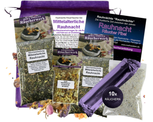 Rauhnächte 8-tlg Räucherset 2x MITTELALTERLICHE RAUHNACHT 20-Kräuter Räuchermischung, Weihrauch & Myrre, Rauhnachtfibel, Räucherzubehör.