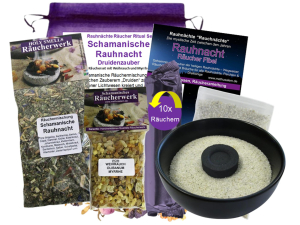 Rauhnächte räuchern 8-tlg Räucherset SCHAMANISCHE RAUHNACHT 20-Kräuter Räuchermischung, RÄUCHERSCHALE, Anleitung, Weihrauch, Myrrhe, Rauhnachtfibel, Täschchen.