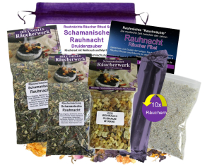 Rauhnächte räuchern 8-tlg Räucherset SCHAMANISCHE RAUHNACHT 2x 20-Kräuter Räuchermischungen, Weihrauch & Myrrhe, Anleitung, Rauhnachtfibel, Täschchen.