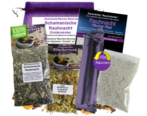 Rauhnächte räuchern 7-tlg Räucherset SCHAMANISCHE RAUHNACHT 20-Kräuter Räuchermischung, Weihrauch & Myrrhe, Anleitung, Rauhnachtfibel, Täschchen.