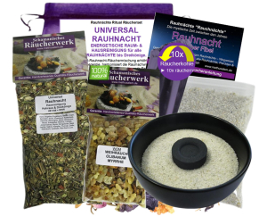 Rauhnächte räuchern 8-tlg UNIVERSAL RAUHNACHT Räucherset 20-Kräuter, Hölzer, Harze Räuchermischung, RÄUCHERSCHALE, Weihrauch & Myrrhe, Anleitung, Rauhnachtfibel, Täschchen.