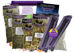 Rauhnächte räuchern 10-tlg UNIVERSAL RAUHNACHT Räucherset 20-Kräuter, Hölzer, Harze 4x Räuchermischungen, Weihrauch & Myrrhe, Anleitung, Rauhnachtfibel, Täschchen.