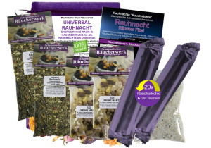 Rauhnächte räuchern 10-tlg UNIVERSAL RAUHNACHT Räucherset 20-Kräuter, Hölzer, Reine Harze 4x Räuchermischungen, Reine Harze, 20x Räucherkohle, Anleitung, Rauhnachtfibel, Täschchen.