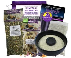 Rauhnächte räuchern 8-tlg UNIVERSAL RAUHNACHT Räucherset 20-Kräuter, Hölzer Räuchermischung, Reine Harze, RÄUCHERSCHALE, Räucherkohle, Anleitung, Rauhnachtfibel, Täschchen.