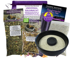 Rauhnächte räuchern 8-tlg UNIVERSAL RAUHNACHT Räucherset 20-Kräuter, Hölzer, Harze Räuchermischung, RÄUCHERSCHALE, Reinigungs-Weihrauch, Räucherkohle, Anleitung, Rauhnachtfibel, Täschchen.