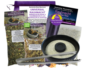 Rauhnächte räuchern 9-tlg UNIVERSAL RAUHNACHT Räucherset 20-Kräuter Räuchermischung, RÄUCHERSCHALE, RÄUCHERZANGE, Reinigungs-Weihrauch, Räucherkohle, Anleitung, Rauhnachtfibel, Täschchen.