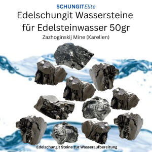 Edelschungit WASSERSTEINE SET - 50g - WASSER STEINE zur Wasseraufbereitung für EDELSTEINWASSER [Zazhoginskij Mine, Karelien] + Täschchen + ANLEITUNG.