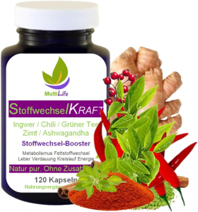 STOFFWECHSEL anregen, beschleunigen 120 Kapseln TOP-5 Komplex: Chili, Ingwer, Grüntee, Zimt, Ashwagandha.