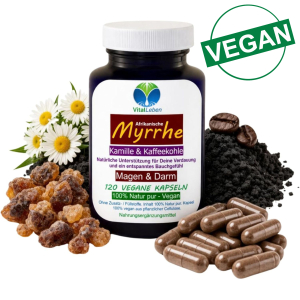 Myrrhe Kamille Kaffeekohle VEGAN 120 Kapseln für Verdauung, Magen-Darm-Balance. Pflanzlich, ohne Zusatzstoffe.