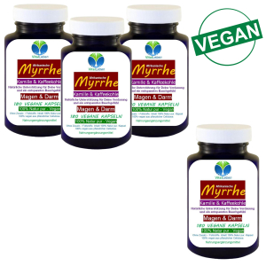 Myrrhe Kamille Kaffeekohle VEGAN 720 Kapseln für Verdauung, Magen-Darm-Balance. Pflanzlich, ohne Zusatzstoffe.