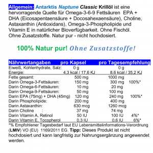 Krillöl Kapseln ANTARKTIS OMEGA 3-6-9 NAPTUNE Classic 120 Softgels - Tiefsee Krabben OHNE Fischöl - OHNE ZUSATZSTOFFE.