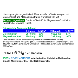 Calcium - Magnesium - Citrat 2:1, 120 Pulver Kapseln
