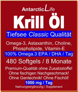 Krillöl Kapseln OMEGA 3-6-9 ANTARKTIS 480 Softgels AntarcticLife Tiefsee Classic - OHNE Fischöl - OHNE ZUSATZSTOFFE. Für 8 Monate.